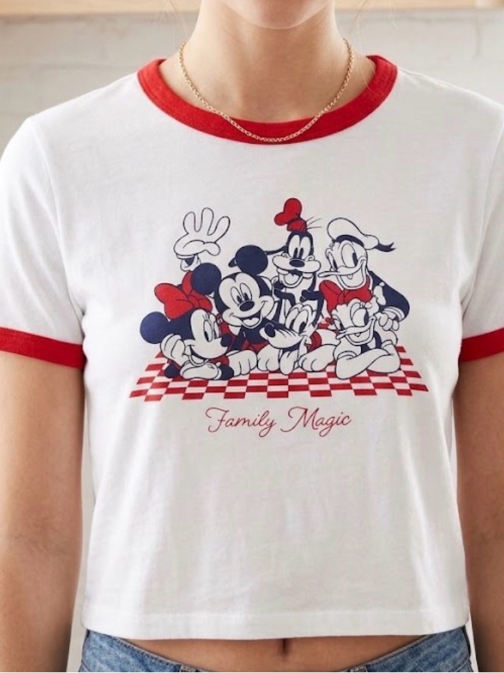 Old Navy Disney Mickey & Friends "Family Magic" Retro Ringer Crop Tee | Size M